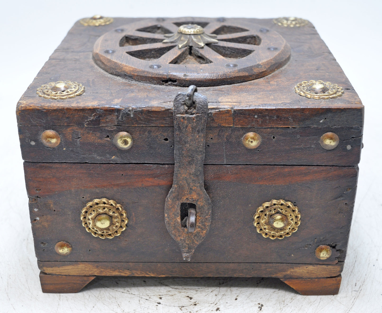 Vintage Wooden Square Storage Box Original Old Hand Crafted Brass Fitted