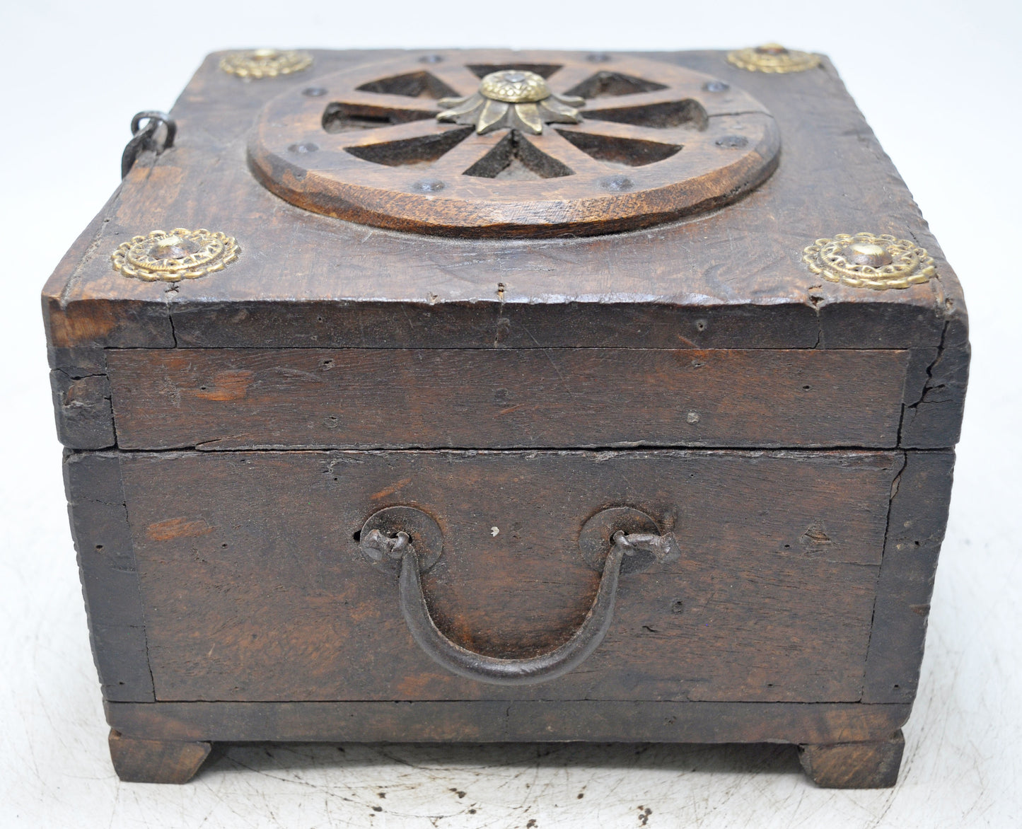 Vintage Wooden Square Storage Box Original Old Hand Crafted Brass Fitted