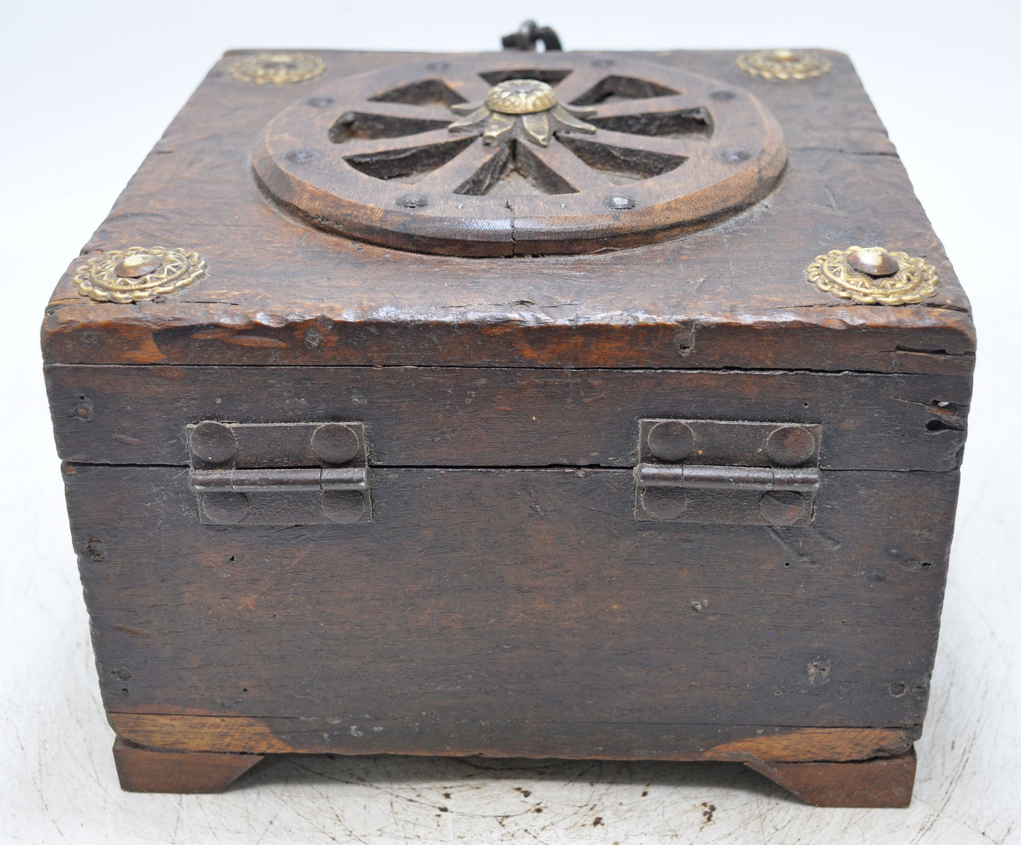 Vintage Wooden Square Storage Box Original Old Hand Crafted Brass Fitted