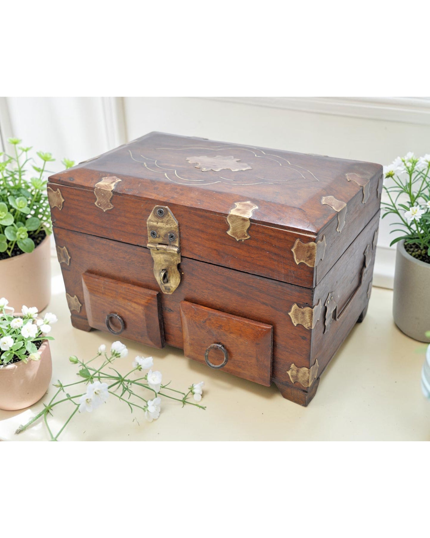 Vintage Wooden 2 Drawers Storage Box Original Old Hand Crafted Brass Fitted