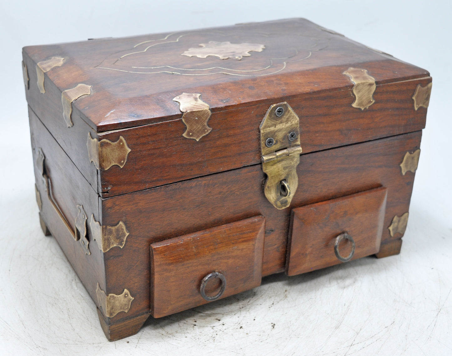 Vintage Wooden 2 Drawers Storage Box Original Old Hand Crafted Brass Fitted