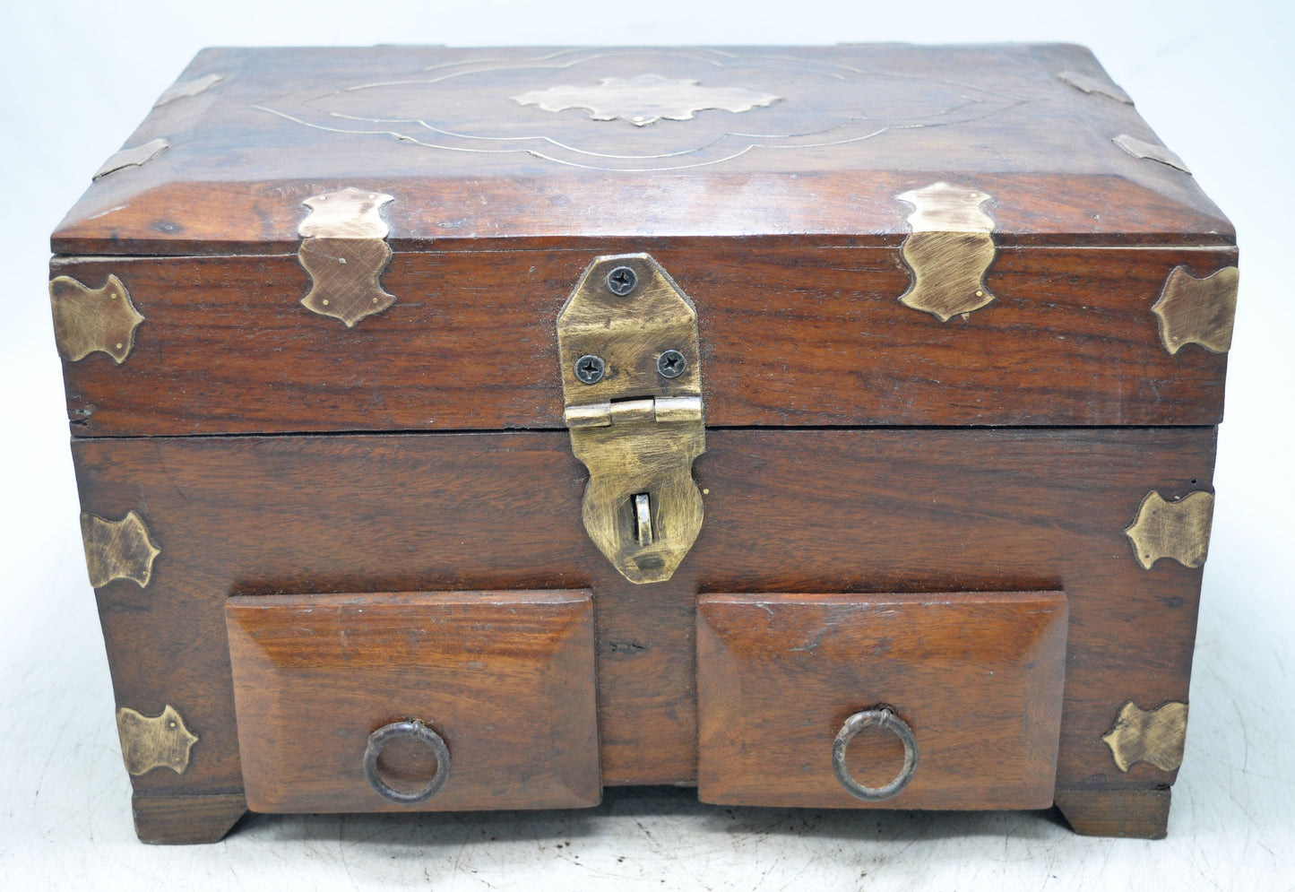Vintage Wooden 2 Drawers Storage Box Original Old Hand Crafted Brass Fitted