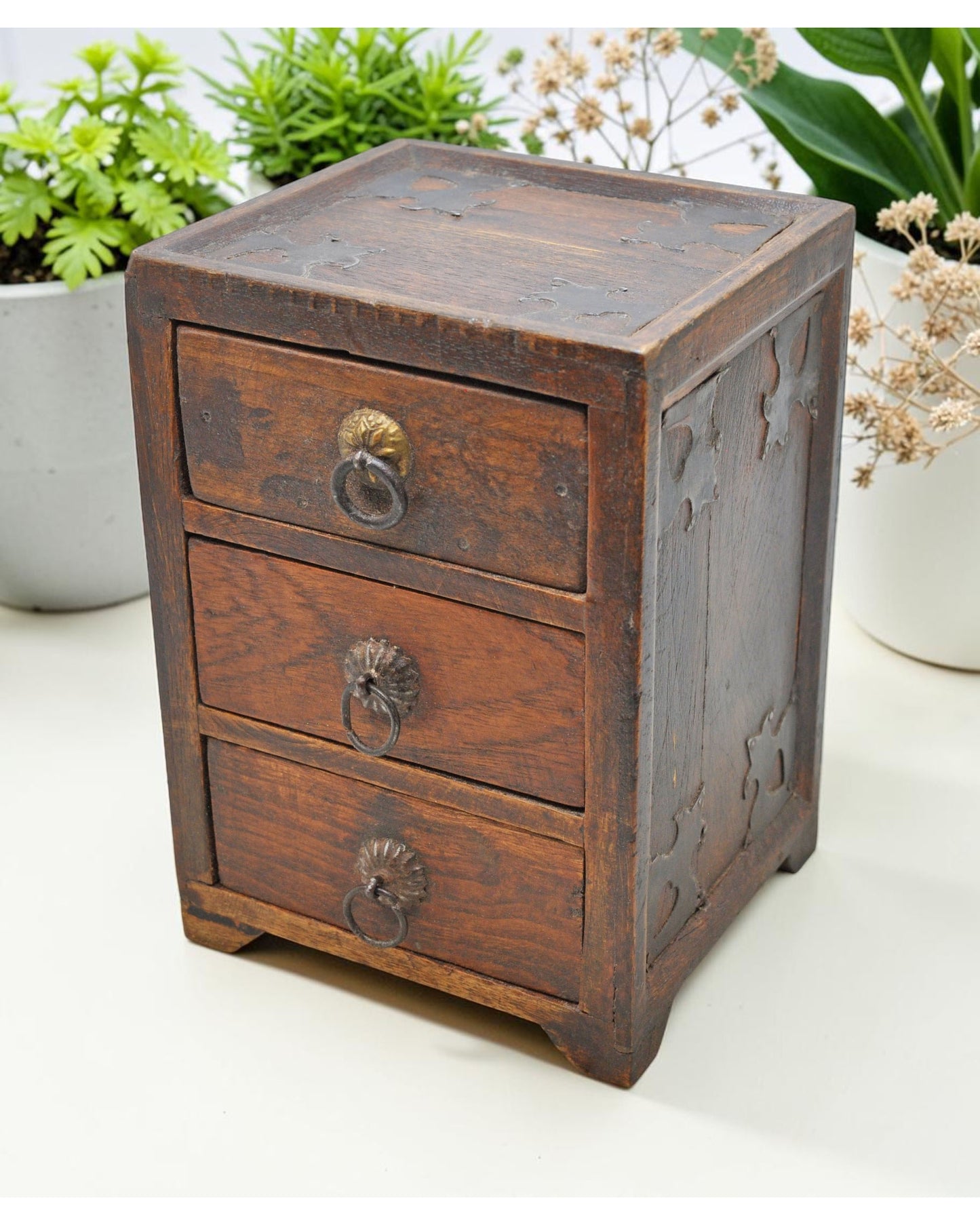 Vintage Wooden Small 3 Drawers Storage Box Original Old Hand Crafted