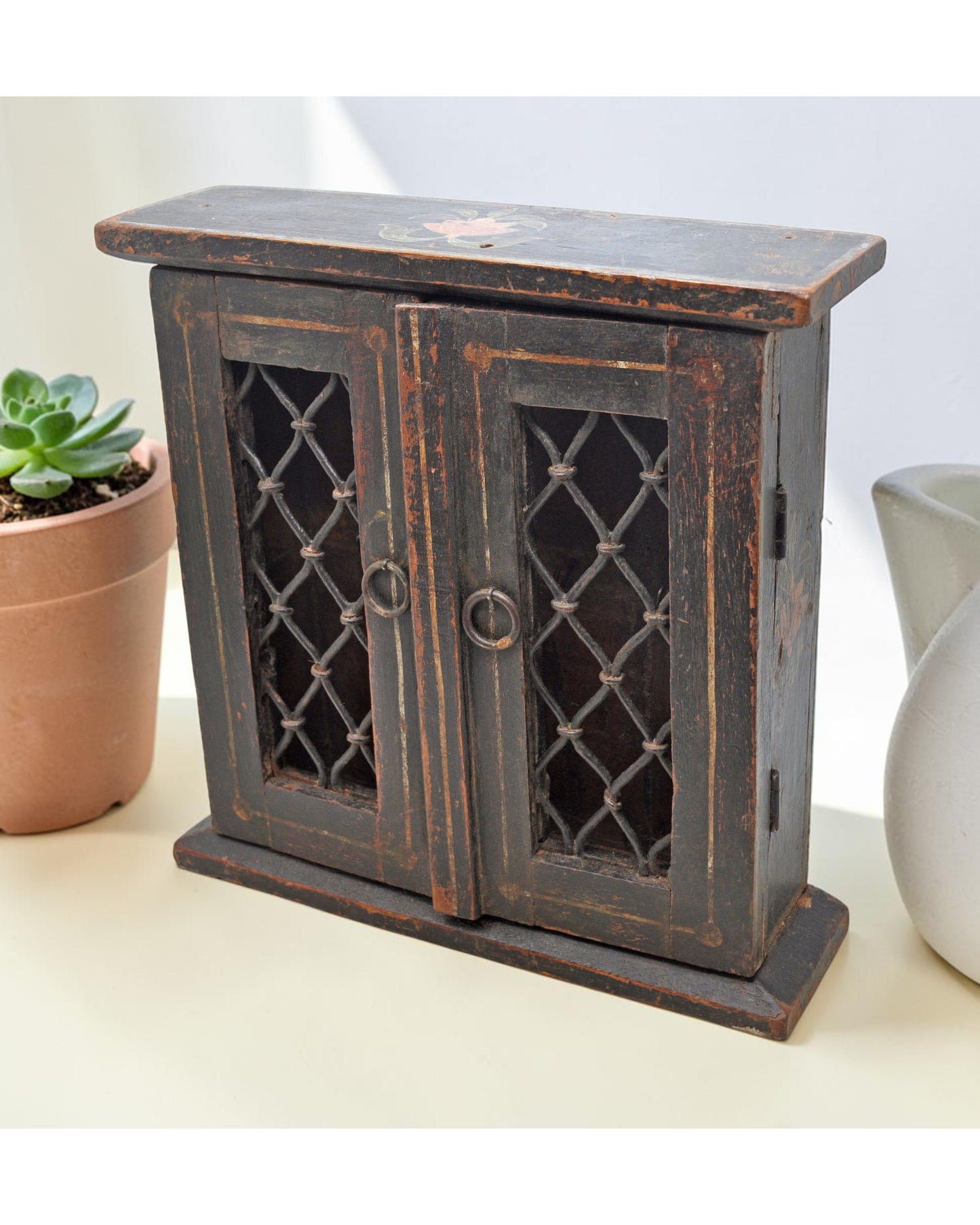Vintage Wooden Wall Hanging Small Cabinet Box Original Old Hand Crafted Painted