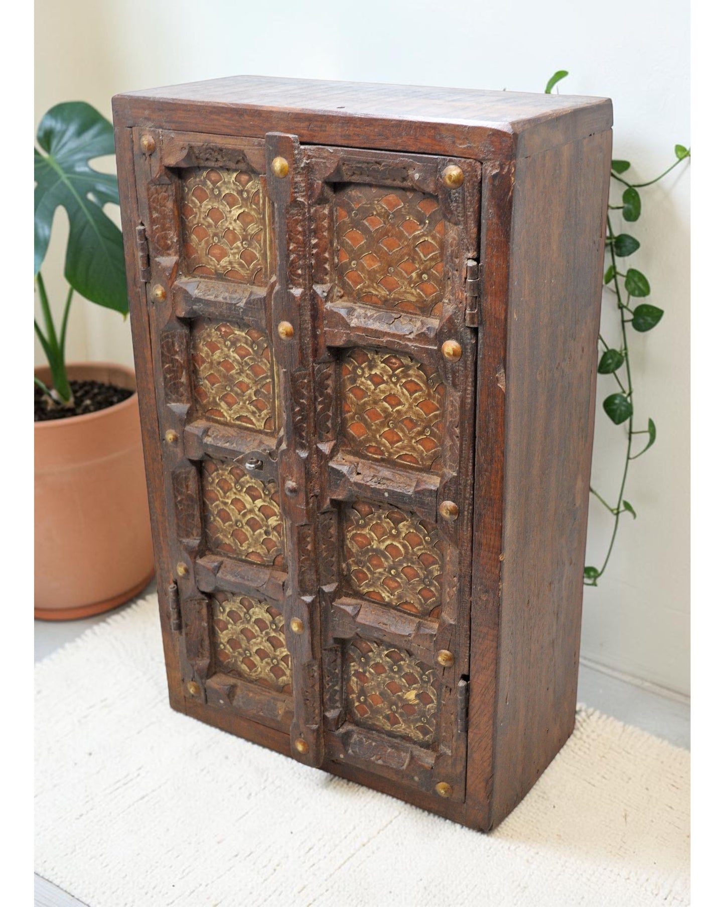Vintage Wooden Wall Hanging Storage Cabinet Box Original Old Fine Brass Fitted