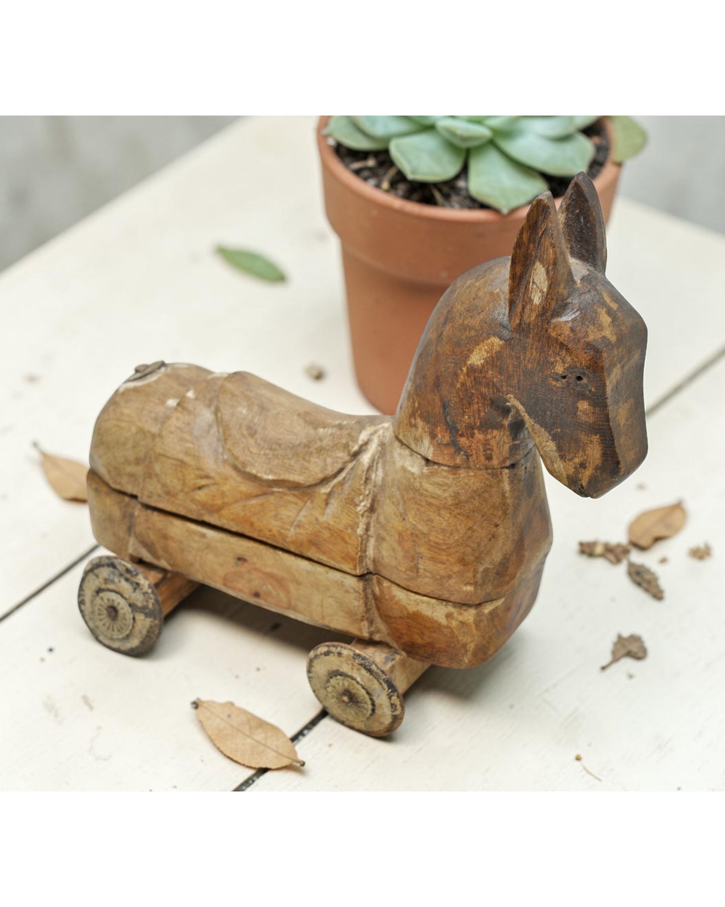 Vintage Wooden Horse on Wheels Figurine Spice Box Original Old Hand Carved