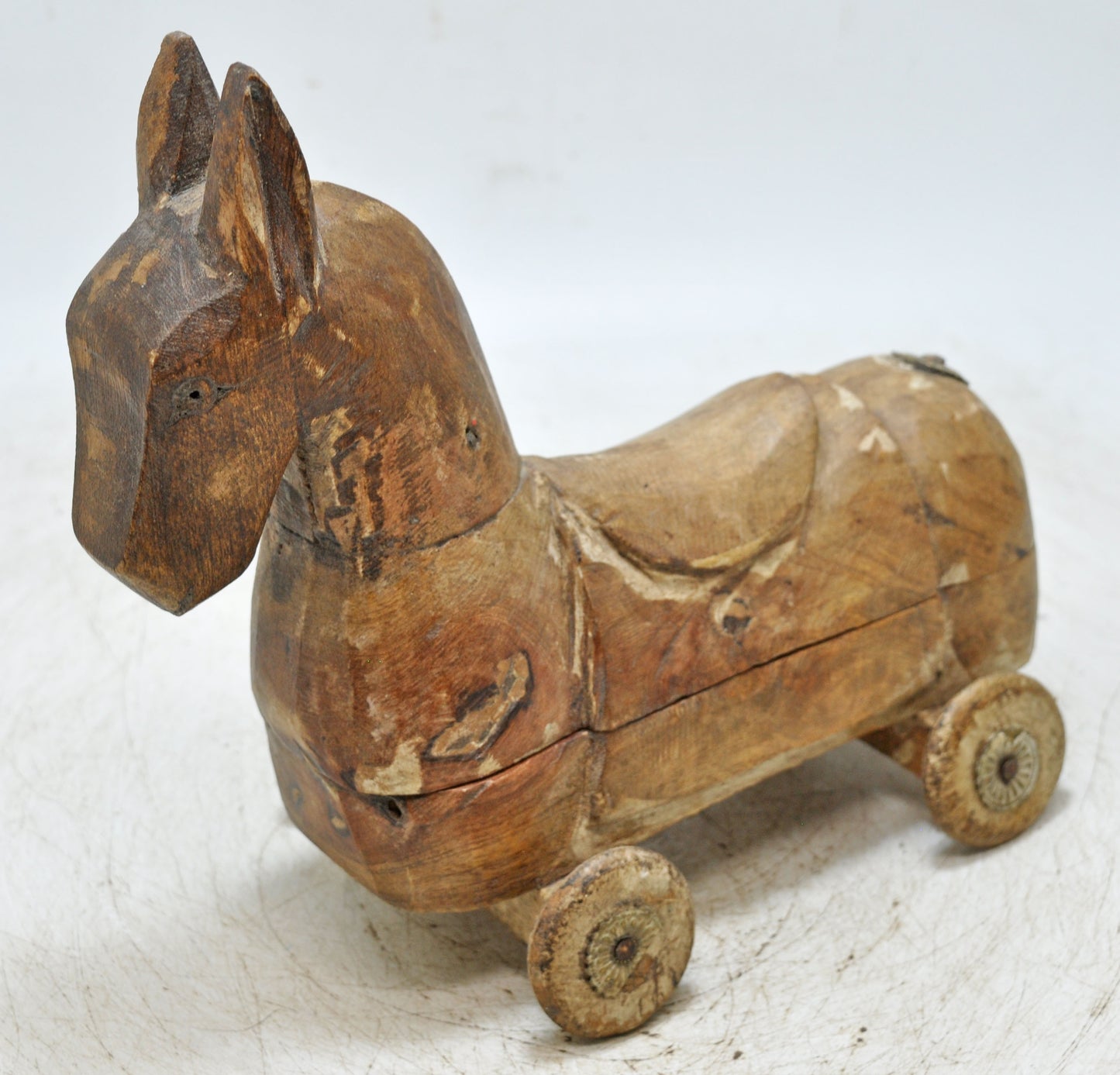 Vintage Wooden Horse on Wheels Figurine Spice Box Original Old Hand Carved
