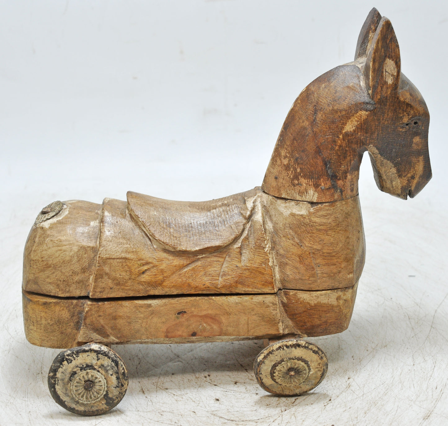 Vintage Wooden Horse on Wheels Figurine Spice Box Original Old Hand Carved