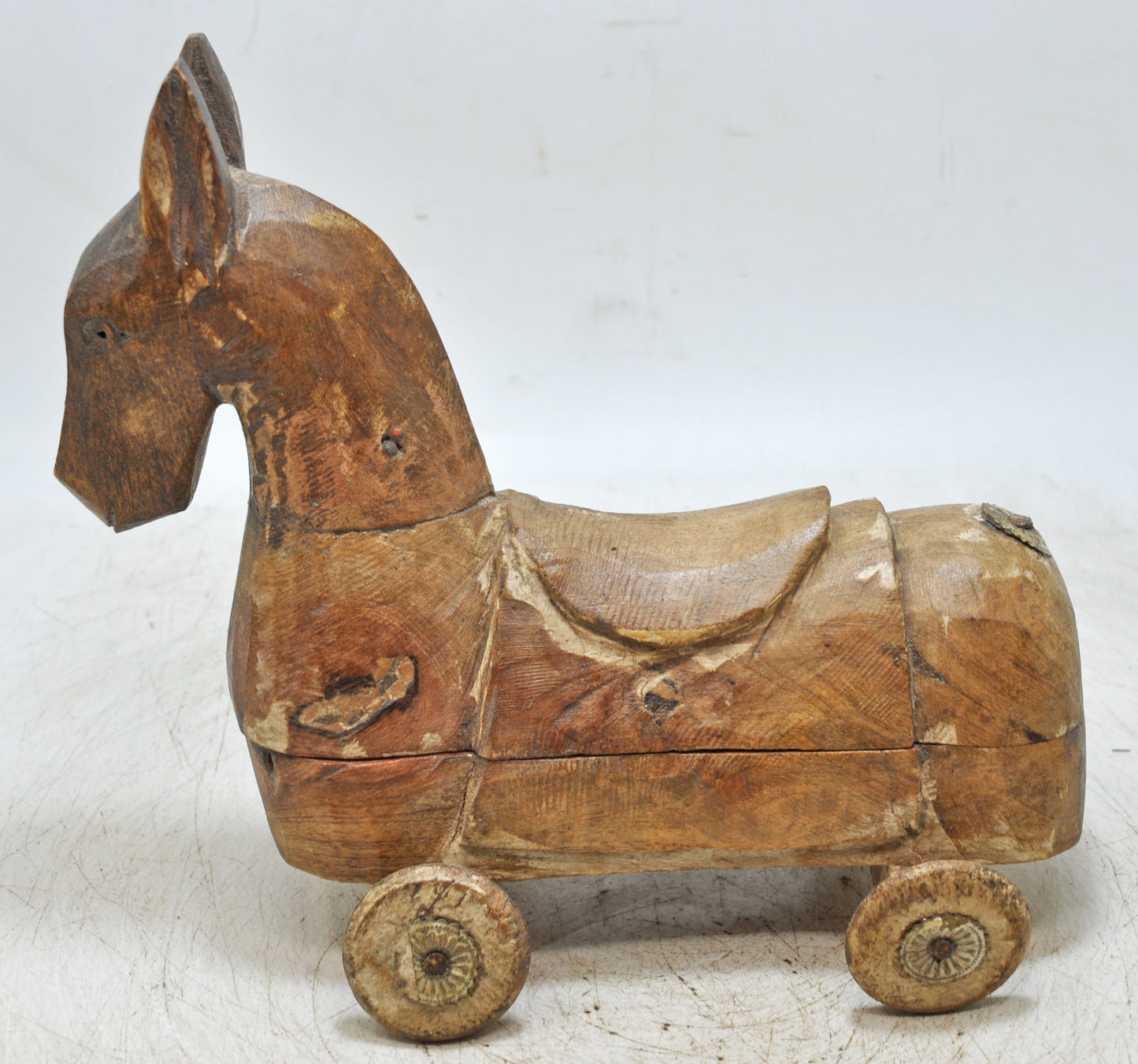 Vintage Wooden Horse on Wheels Figurine Spice Box Original Old Hand Carved