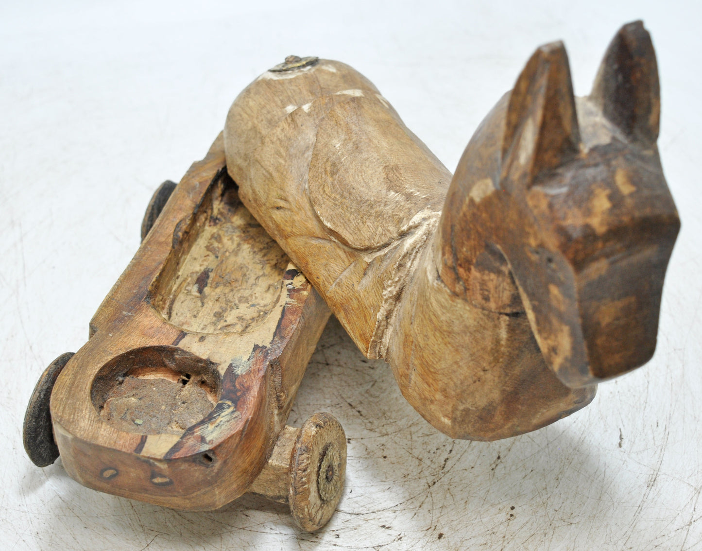 Vintage Wooden Horse on Wheels Figurine Spice Box Original Old Hand Carved