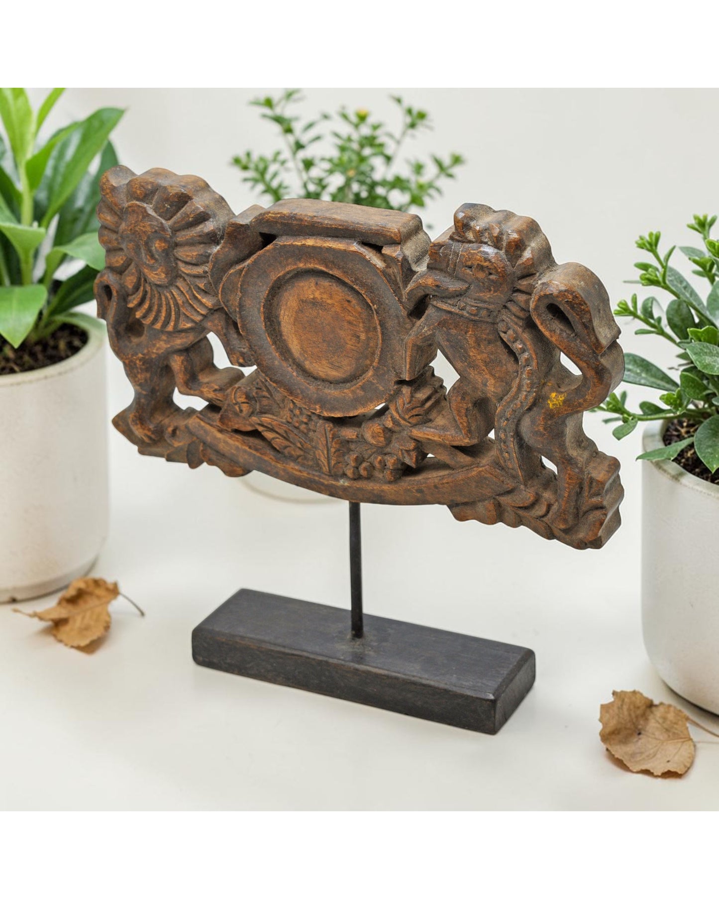 Antique Wooden Lion Tiger Carved Panel Plaque Original Old Hand Carved