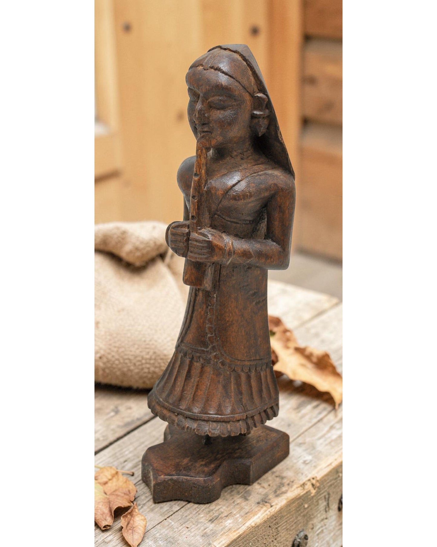 Antique Wooden Musician Lady Figurine Original Old Fine Hand Carved