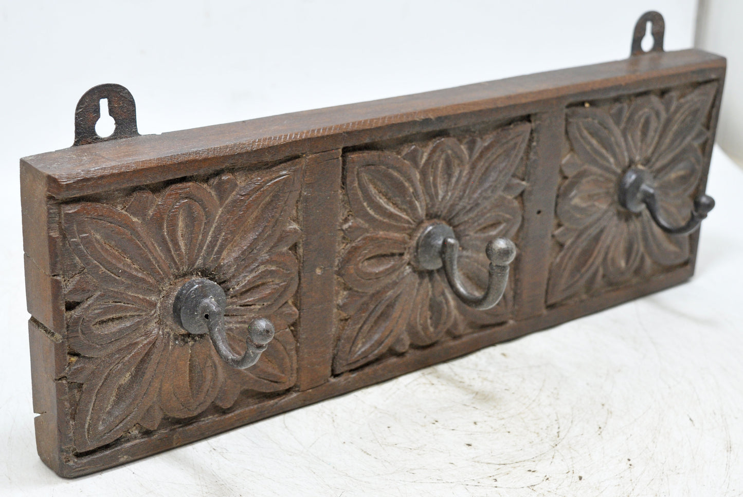 Vintage Wooden Wall 3 Hook Hanger Hardware Original Old Hand Carved