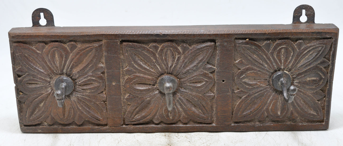 Vintage Wooden Wall 3 Hook Hanger Hardware Original Old Hand Carved
