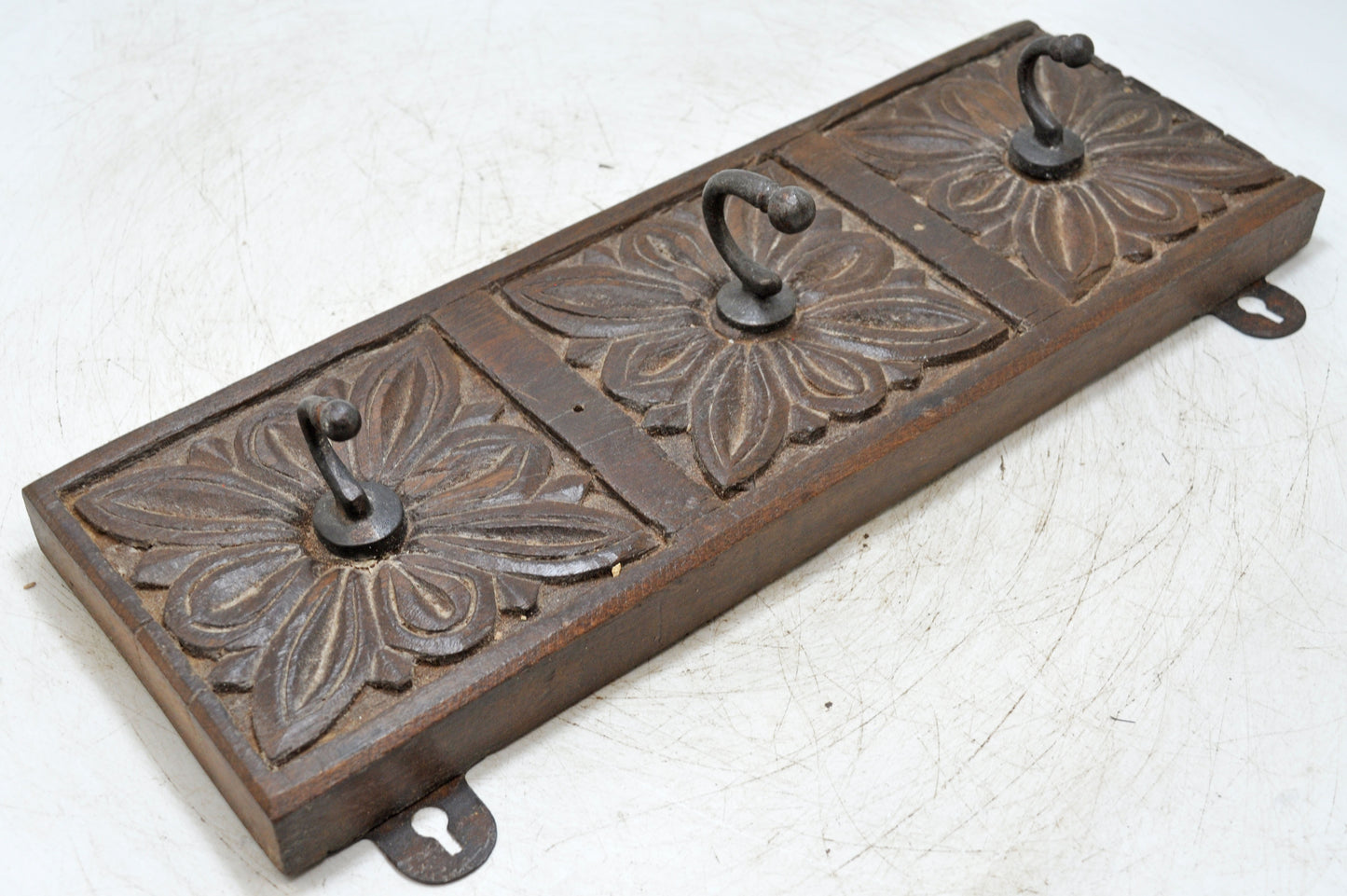 Vintage Wooden Wall 3 Hook Hanger Hardware Original Old Hand Carved