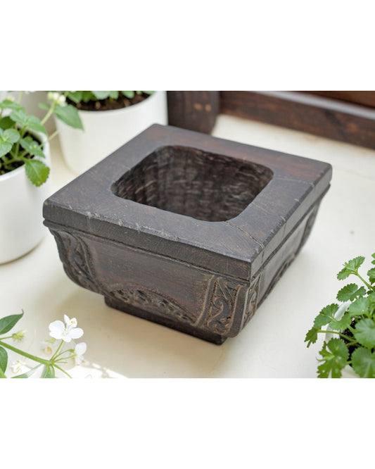 Antique Wooden Square Kitchenware Spice Salt Bowl Original Old Hand Carved