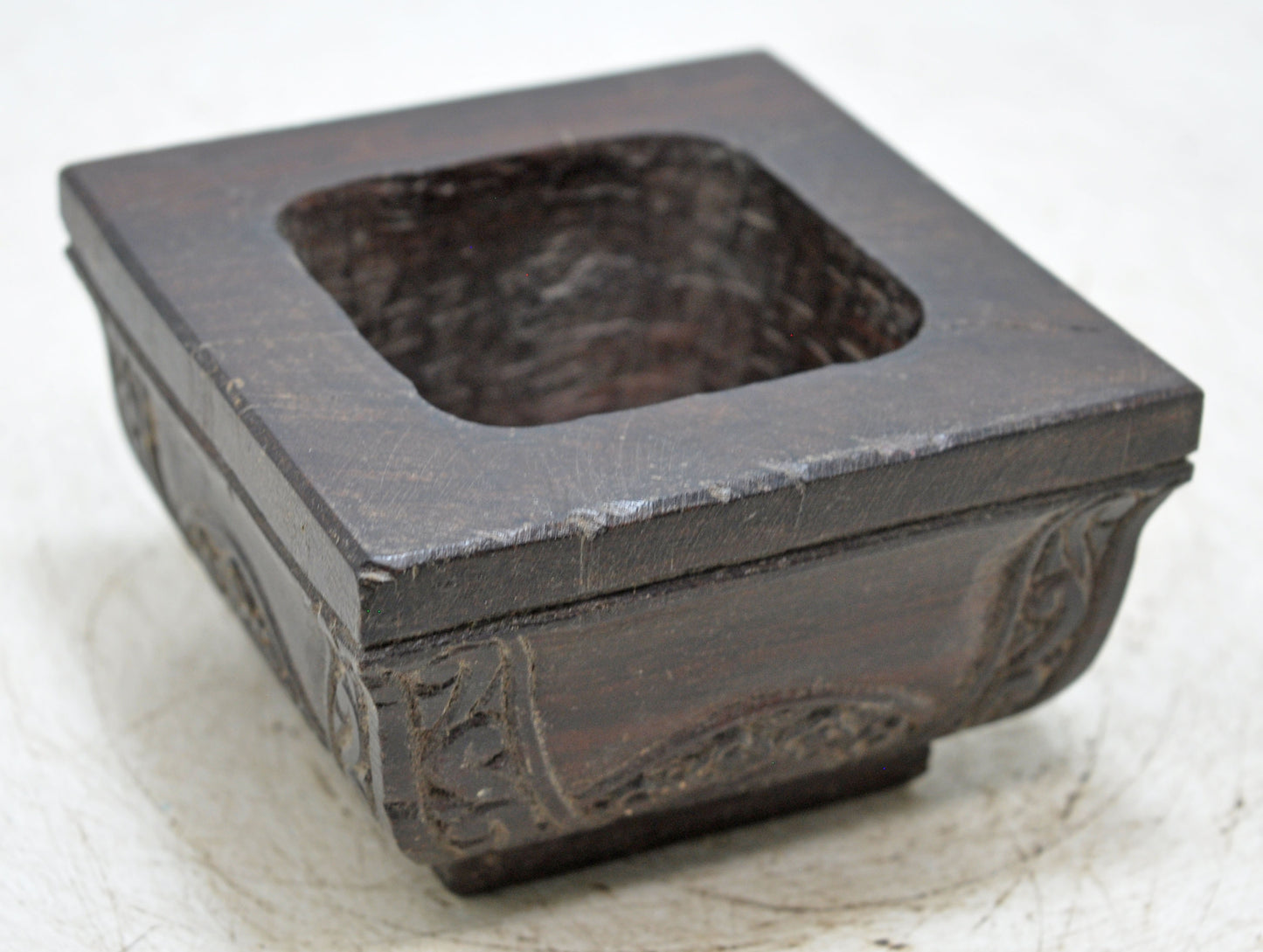 Antique Wooden Square Kitchenware Spice Salt Bowl Original Old Hand Carved