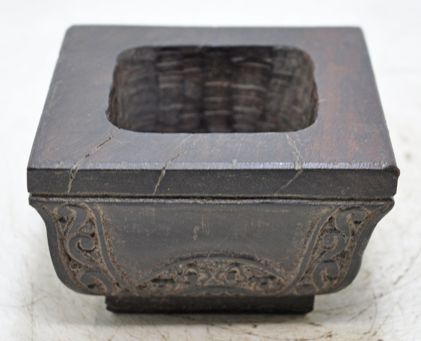 Antique Wooden Square Kitchenware Spice Salt Bowl Original Old Hand Carved