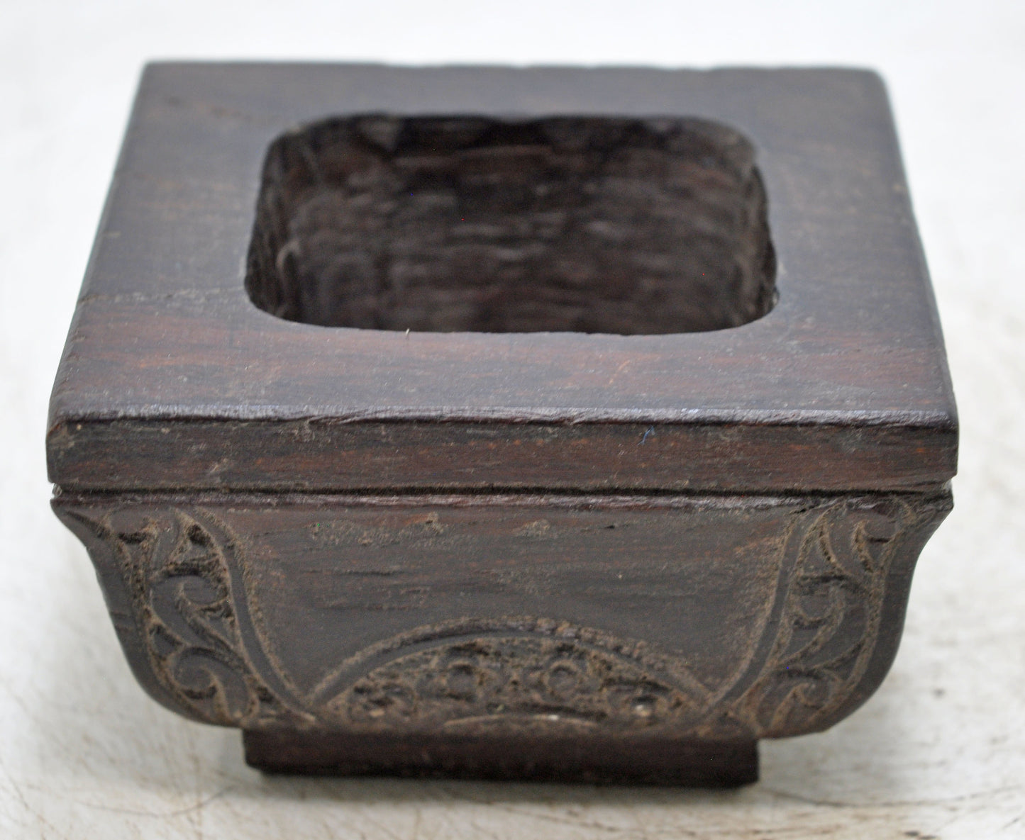 Antique Wooden Square Kitchenware Spice Salt Bowl Original Old Hand Carved