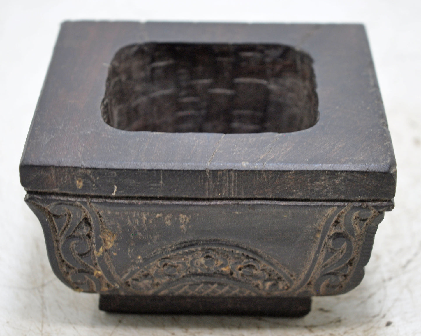 Antique Wooden Square Kitchenware Spice Salt Bowl Original Old Hand Carved