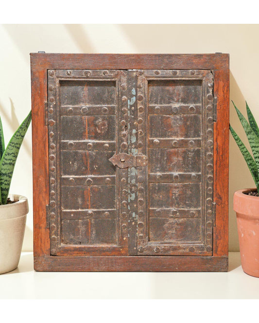 Antique Wooden Large Wall Décor Window Panel Frame Original Old Fine Metal Work
