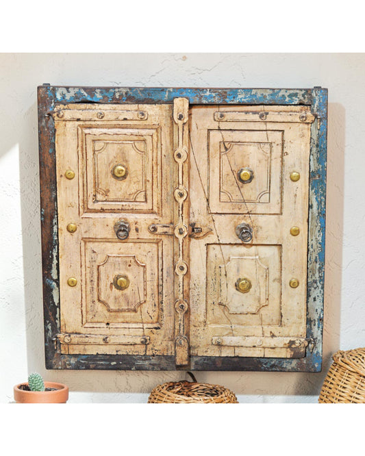 Antique Wooden Large Wall Décor Window Panel Frame Original Old Brass Fitted