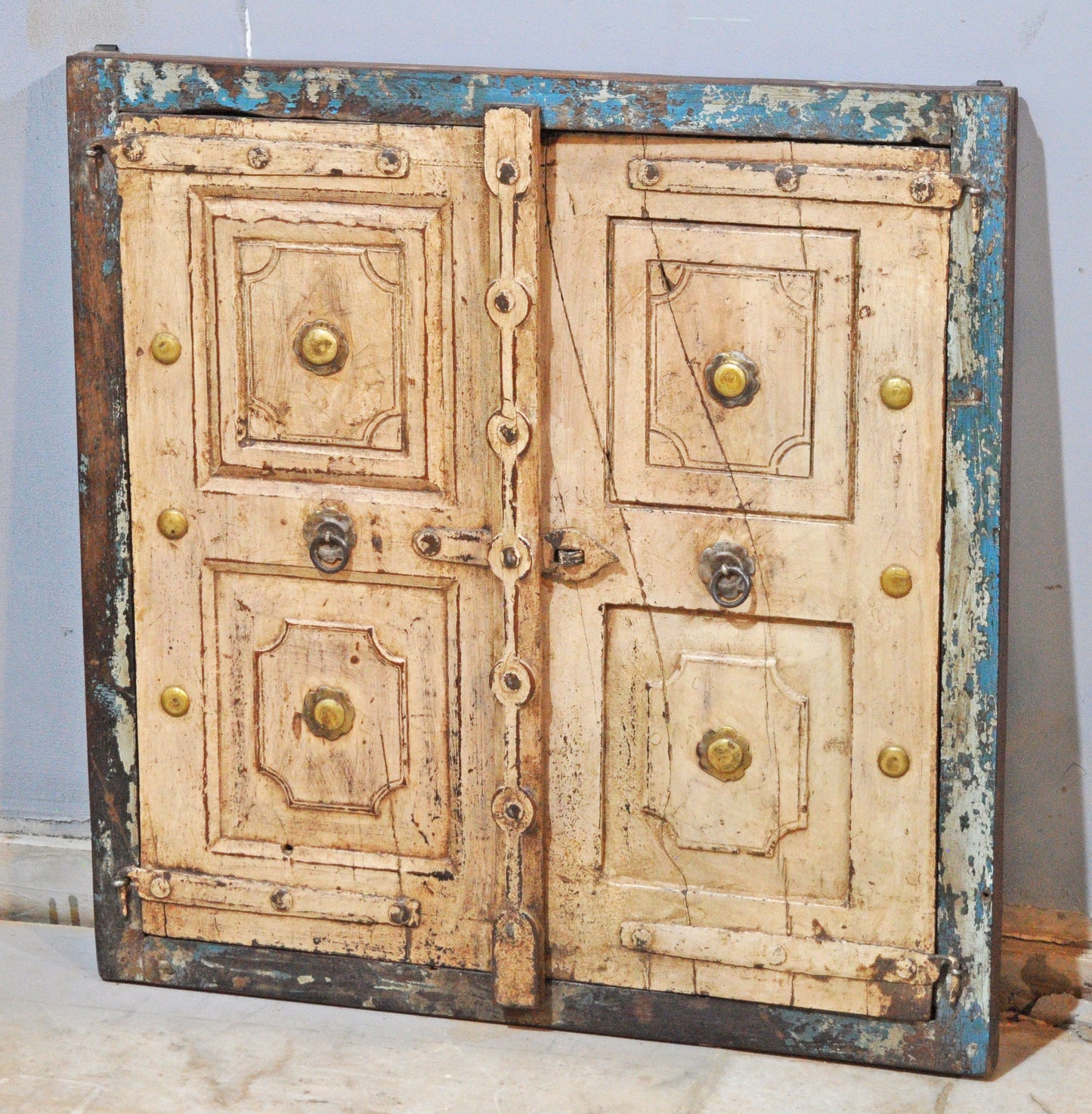 Antique Wooden Large Wall Décor Window Panel Frame Original Old Brass Fitted
