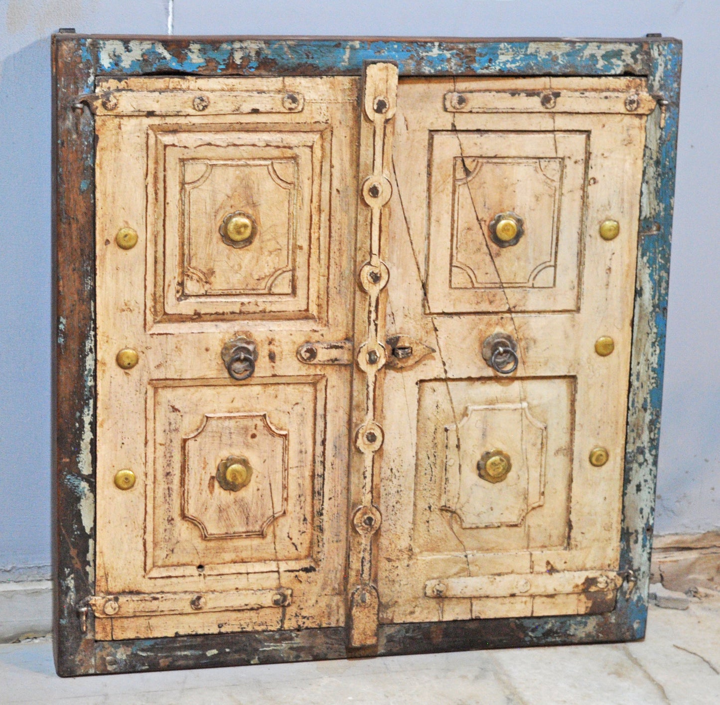 Antique Wooden Large Wall Décor Window Panel Frame Original Old Brass Fitted