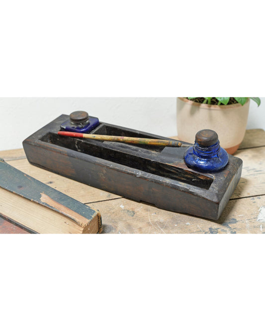 Antique Wooden Pen and Glass Ink Pots Stand Original Old Hand Crafted