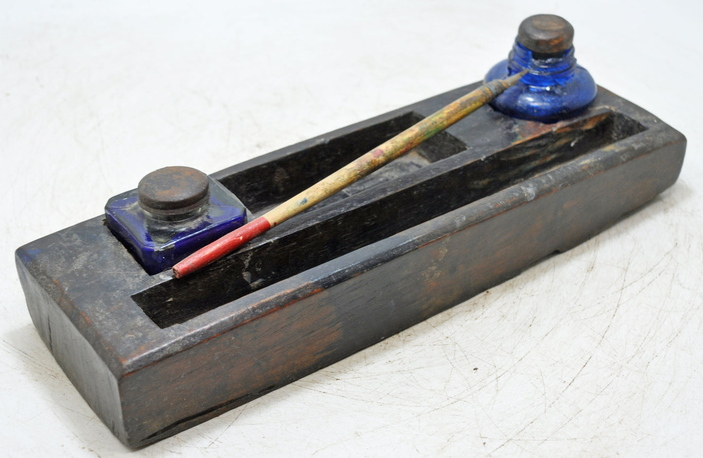 Antique Wooden Pen and Glass Ink Pots Stand Original Old Hand Crafted