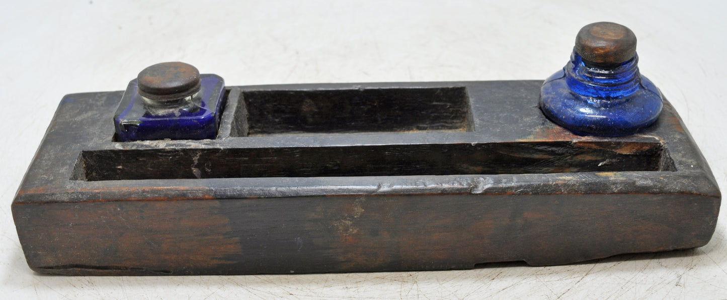 Antique Wooden Pen and Glass Ink Pots Stand Original Old Hand Crafted