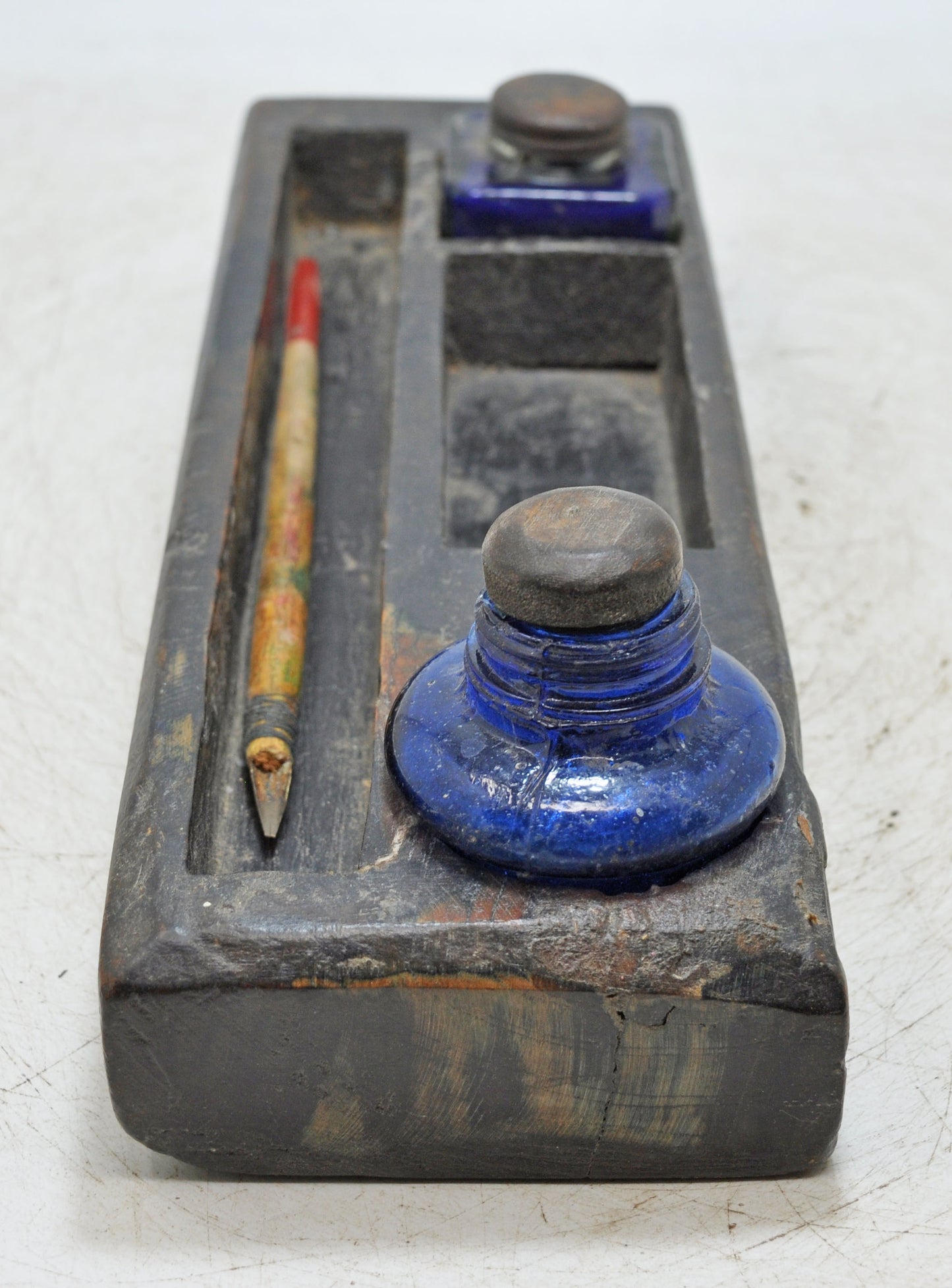 Antique Wooden Pen and Glass Ink Pots Stand Original Old Hand Crafted