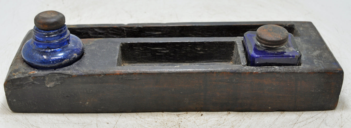 Antique Wooden Pen and Glass Ink Pots Stand Original Old Hand Crafted