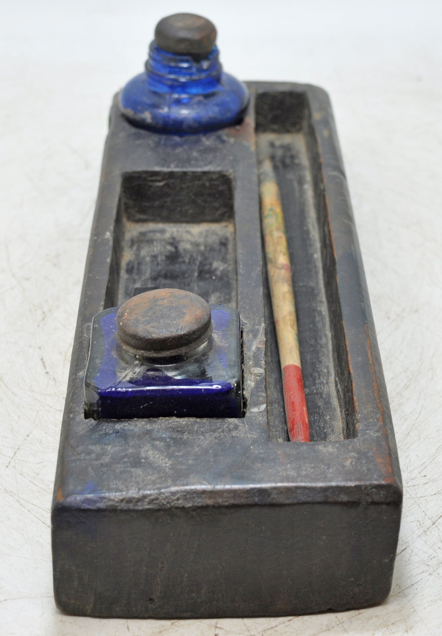 Antique Wooden Pen and Glass Ink Pots Stand Original Old Hand Crafted