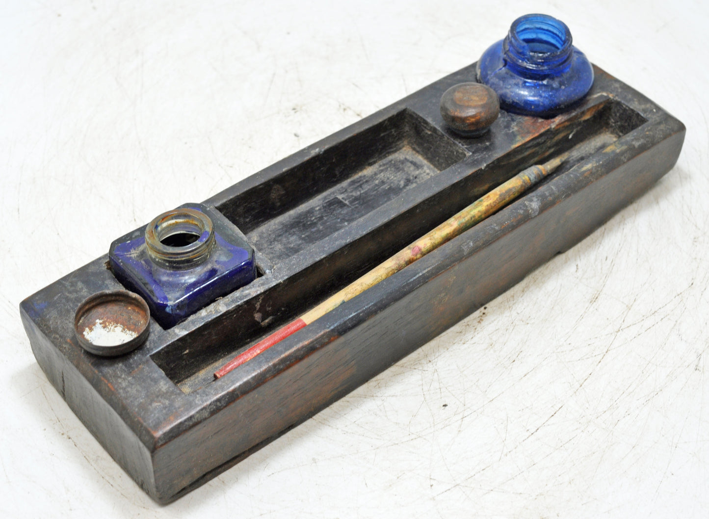 Antique Wooden Pen and Glass Ink Pots Stand Original Old Hand Crafted