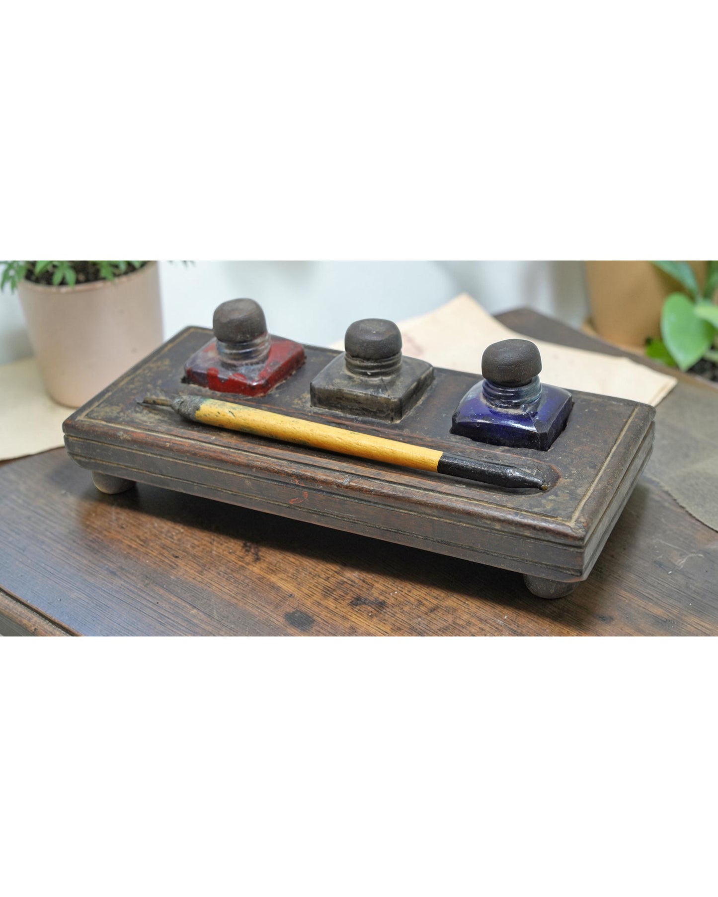 Antique Wooden Pen and Glass Ink Pots Stand Original Old Hand Crafted