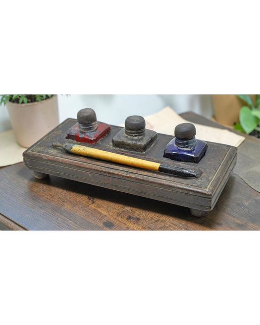 Antique Wooden Pen and Glass Ink Pots Stand Original Old Hand Crafted