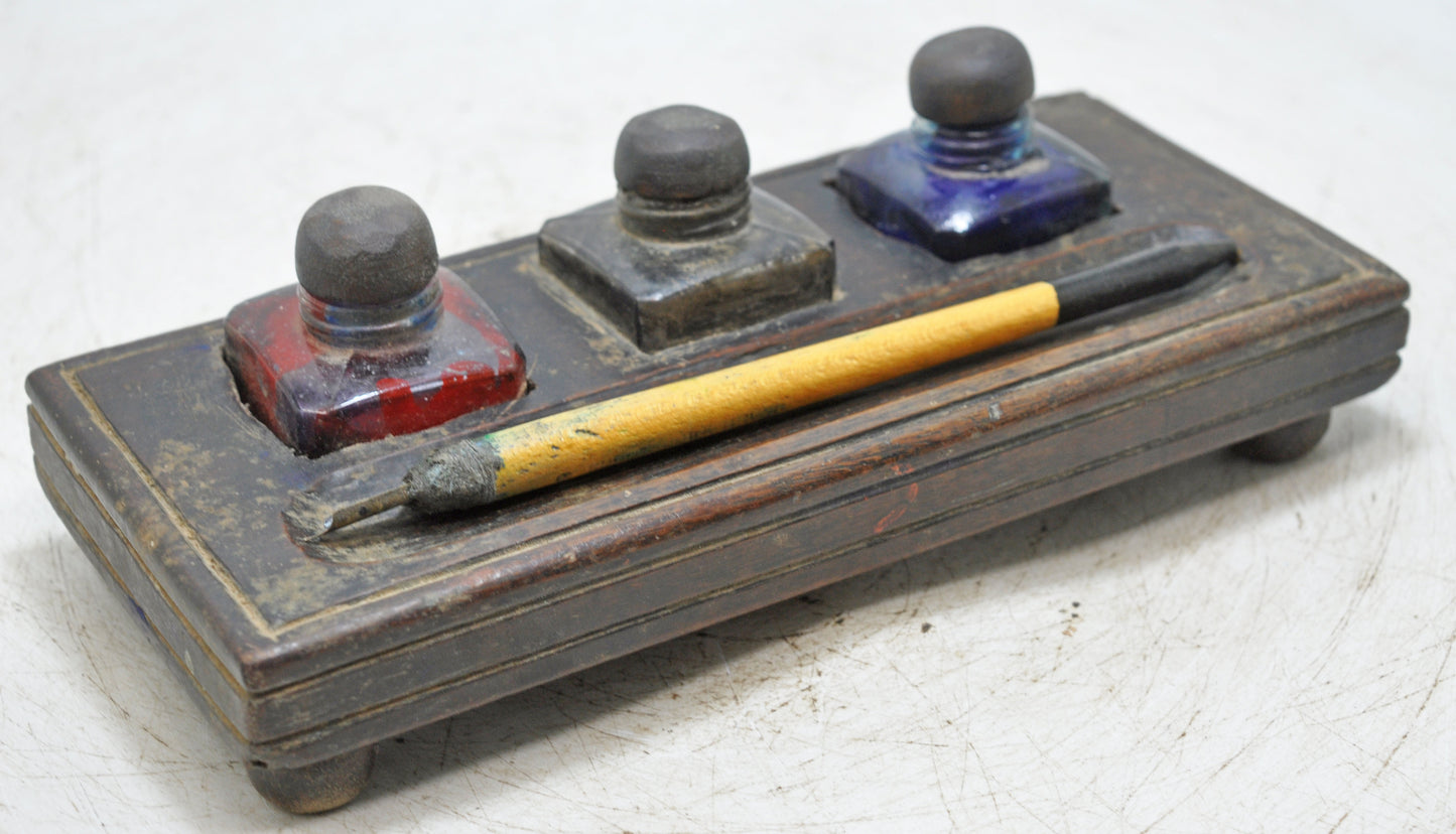 Antique Wooden Pen and Glass Ink Pots Stand Original Old Hand Crafted
