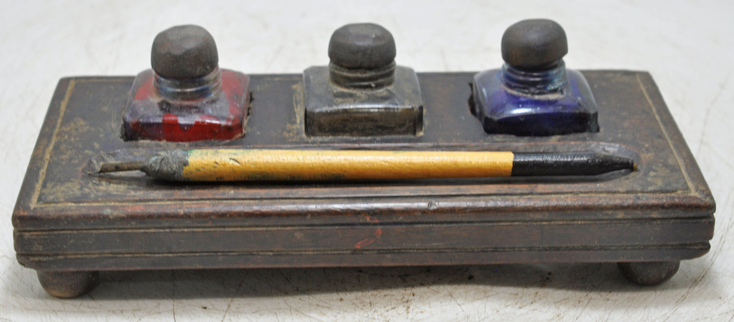 Antique Wooden Pen and Glass Ink Pots Stand Original Old Hand Crafted