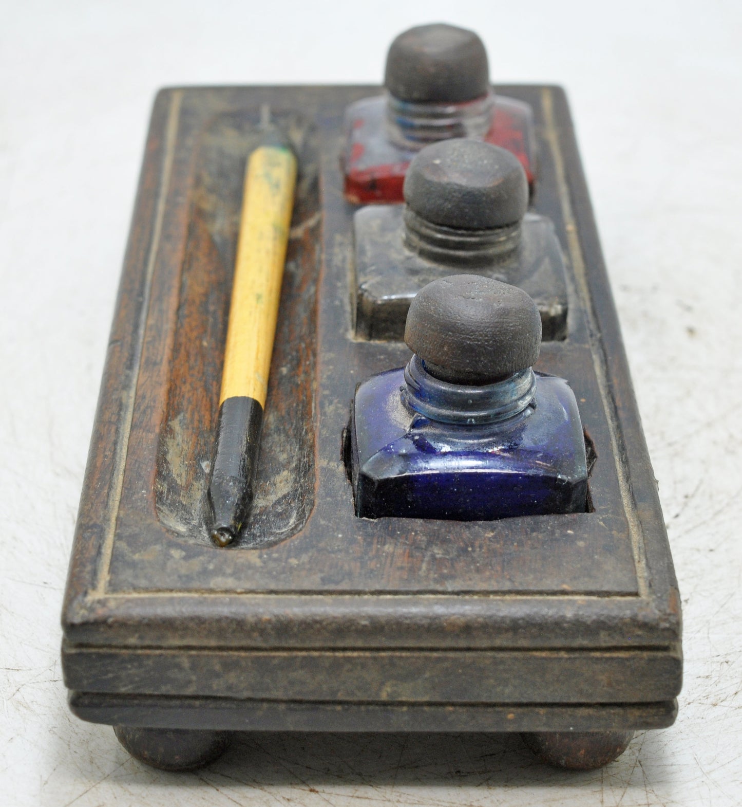 Antique Wooden Pen and Glass Ink Pots Stand Original Old Hand Crafted