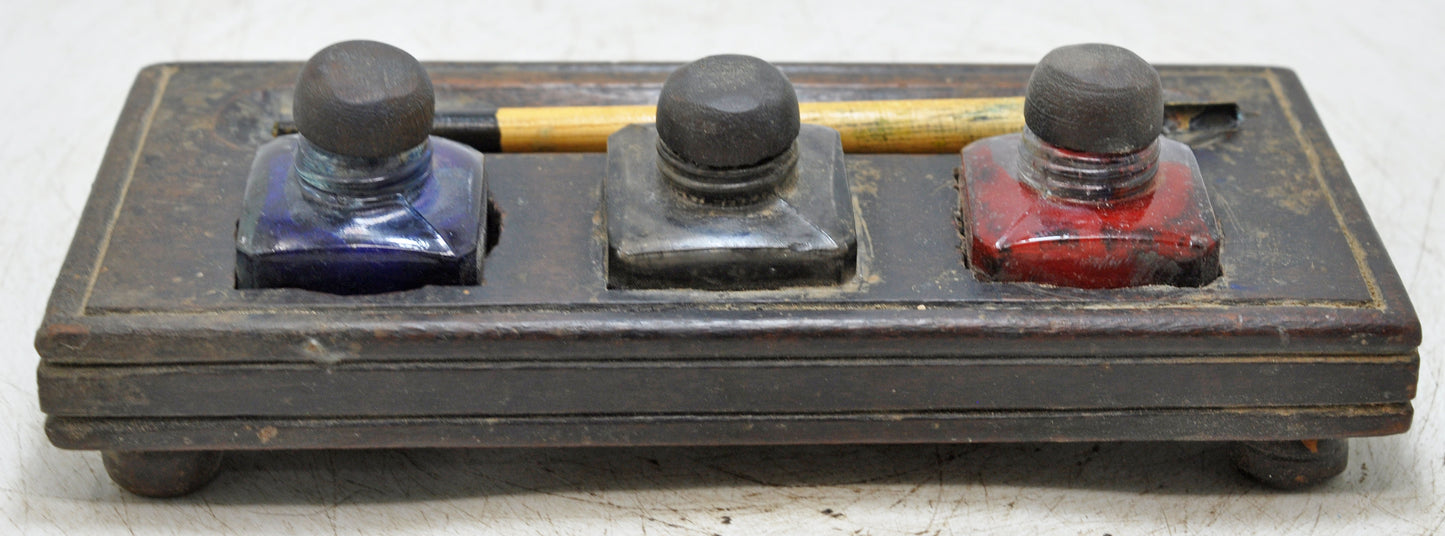 Antique Wooden Pen and Glass Ink Pots Stand Original Old Hand Crafted