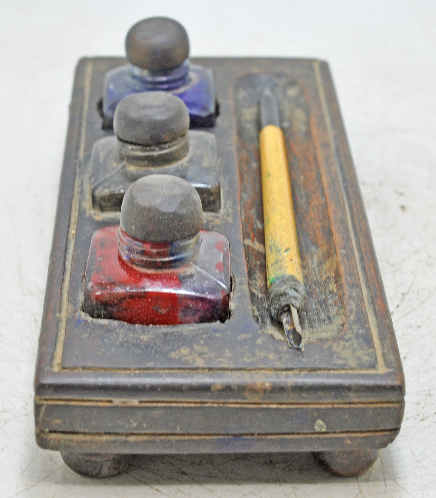 Antique Wooden Pen and Glass Ink Pots Stand Original Old Hand Crafted
