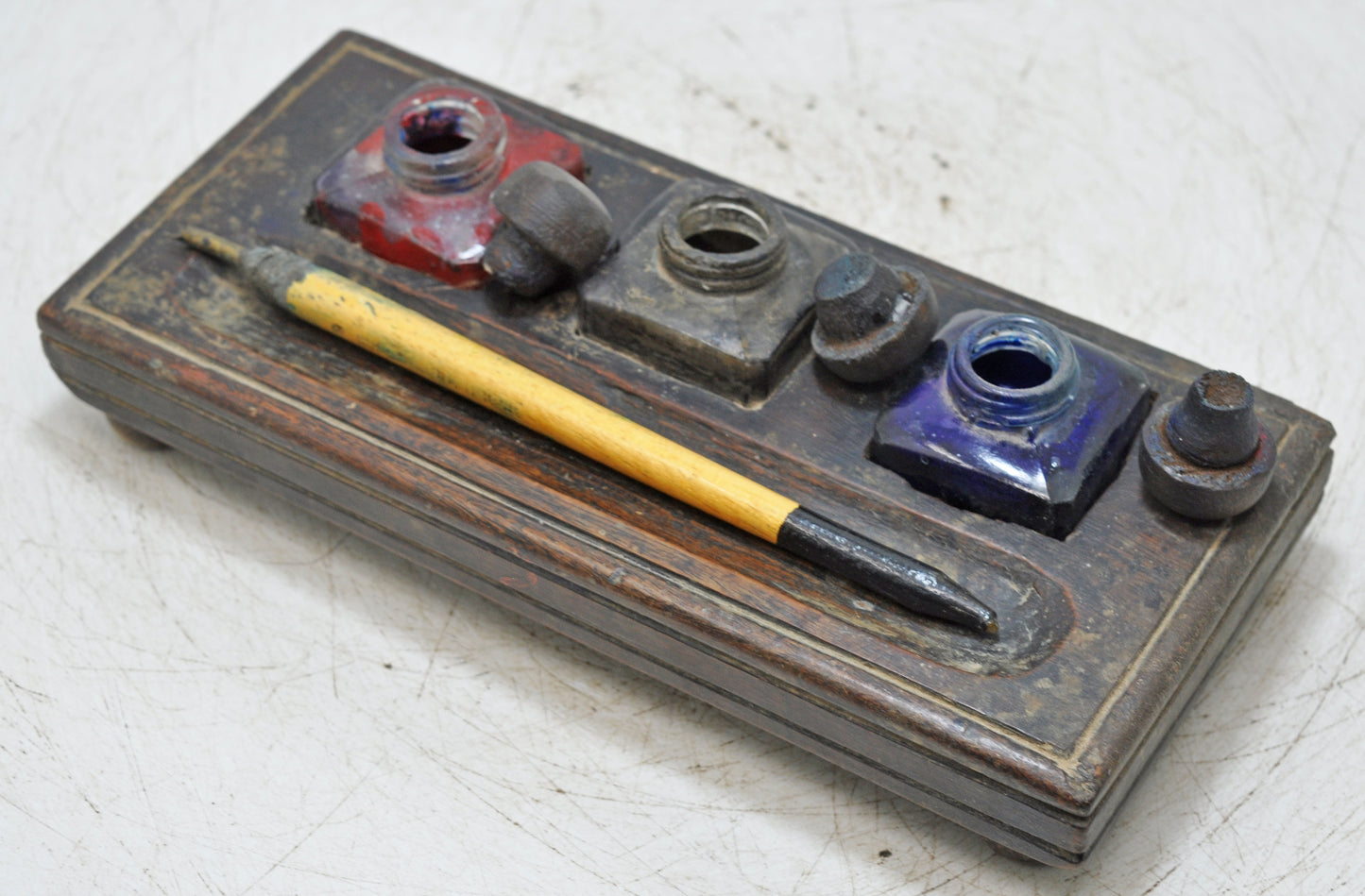 Antique Wooden Pen and Glass Ink Pots Stand Original Old Hand Crafted