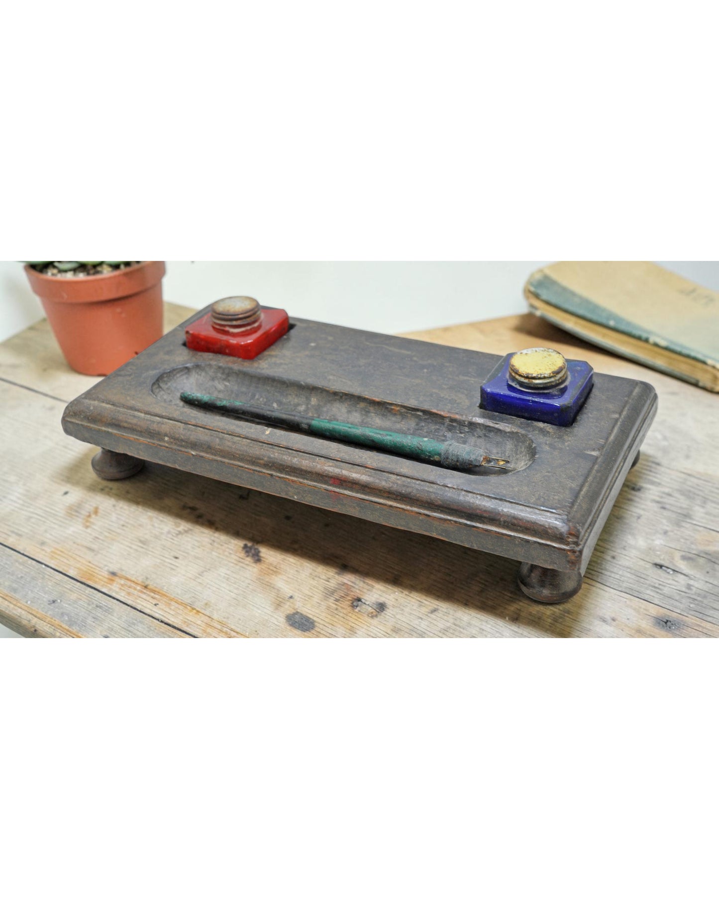 Antique Wooden Pen and Glass Ink Pots Stand Original Old Hand Crafted