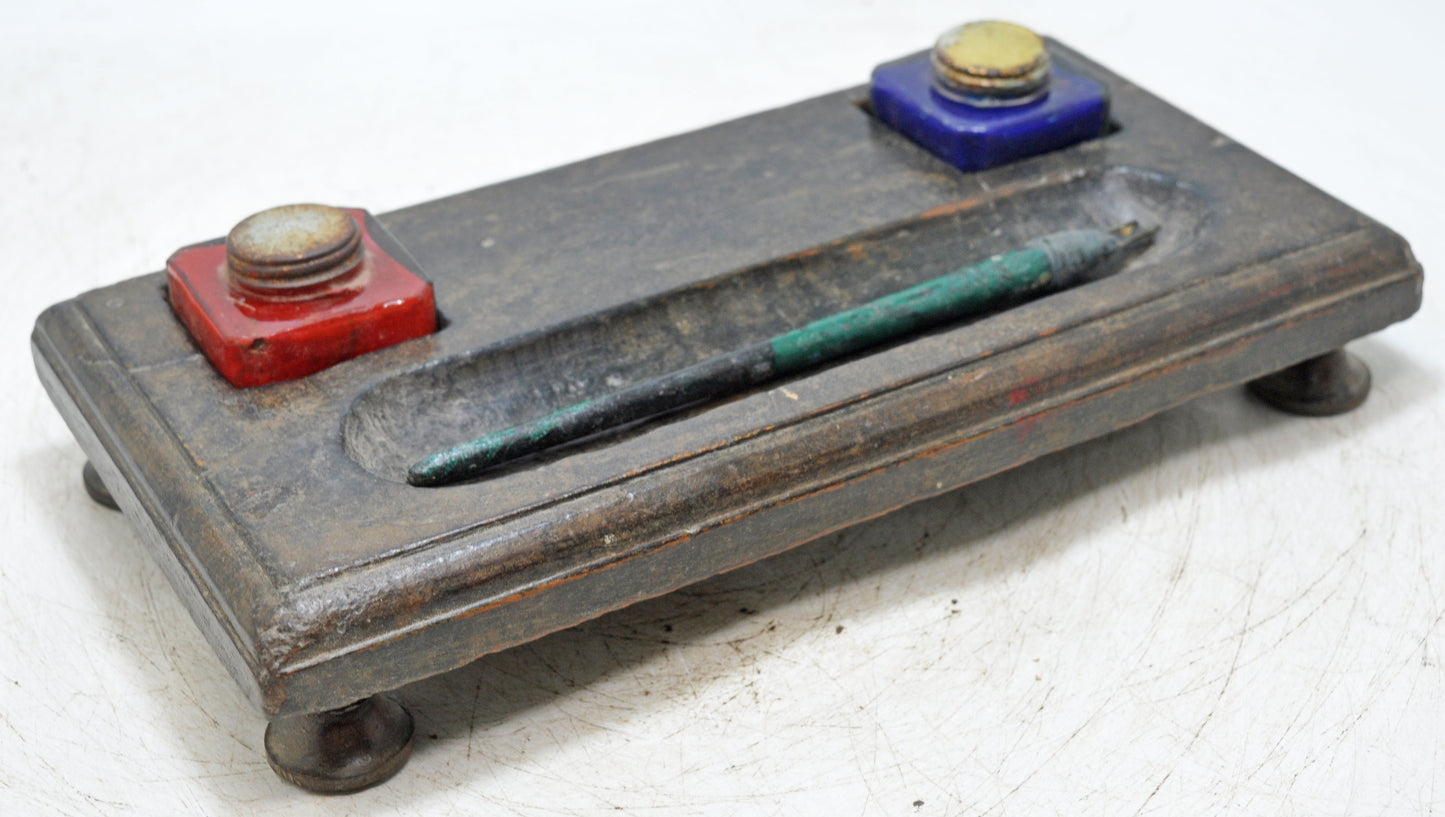 Antique Wooden Pen and Glass Ink Pots Stand Original Old Hand Crafted