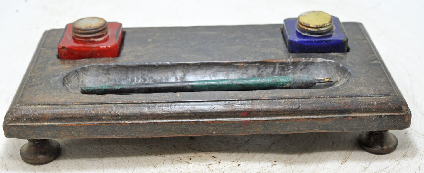 Antique Wooden Pen and Glass Ink Pots Stand Original Old Hand Crafted