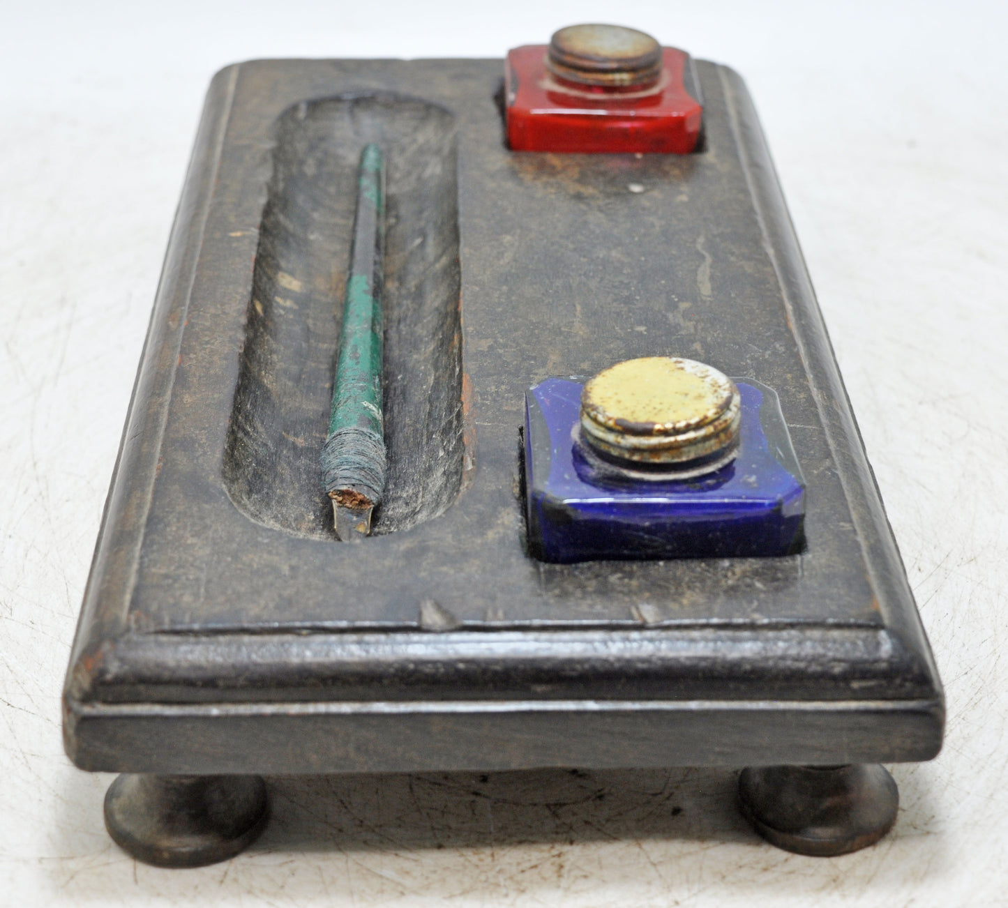 Antique Wooden Pen and Glass Ink Pots Stand Original Old Hand Crafted