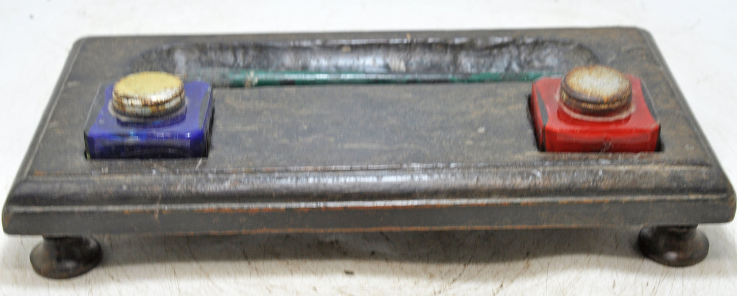 Antique Wooden Pen and Glass Ink Pots Stand Original Old Hand Crafted