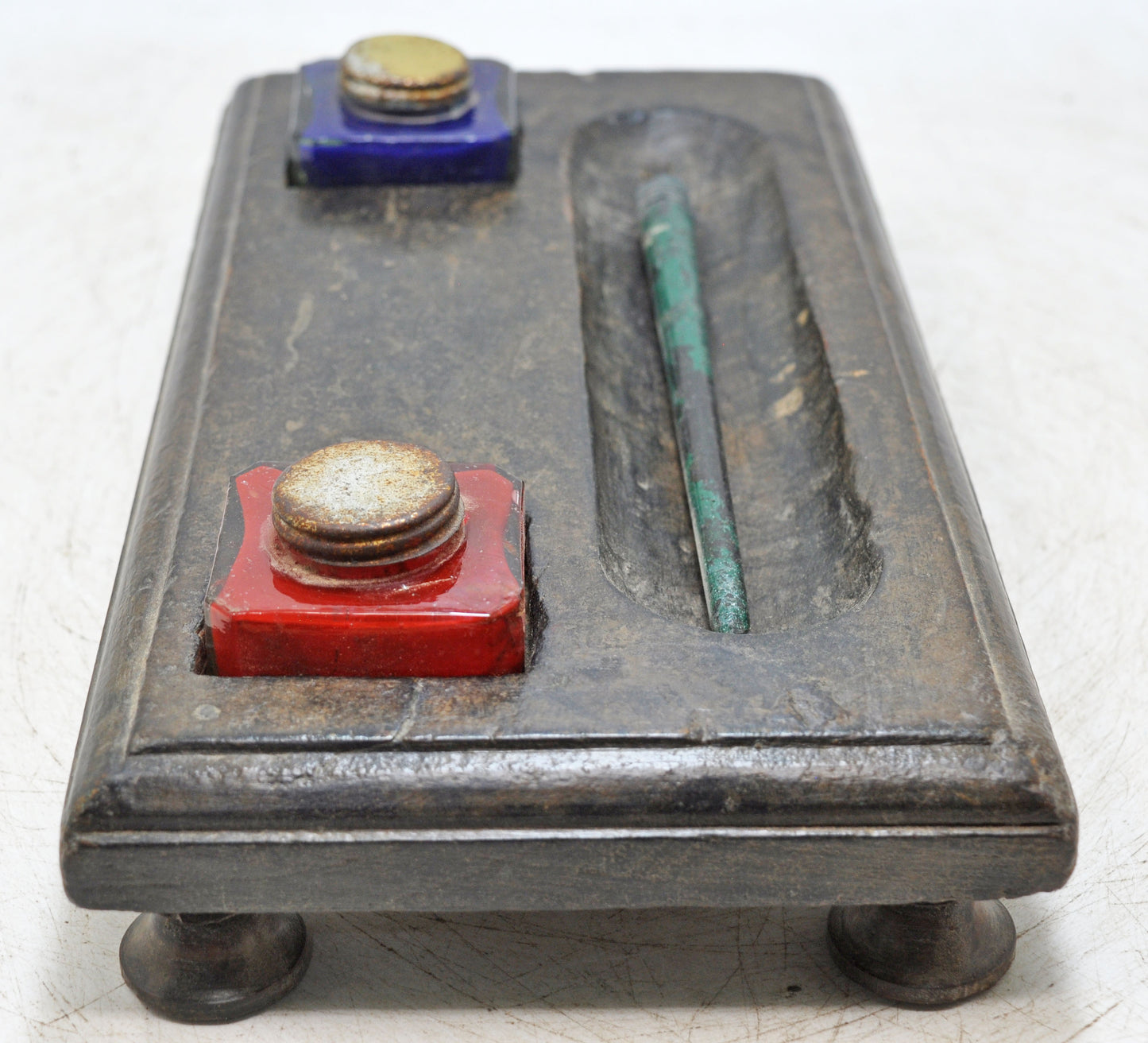 Antique Wooden Pen and Glass Ink Pots Stand Original Old Hand Crafted