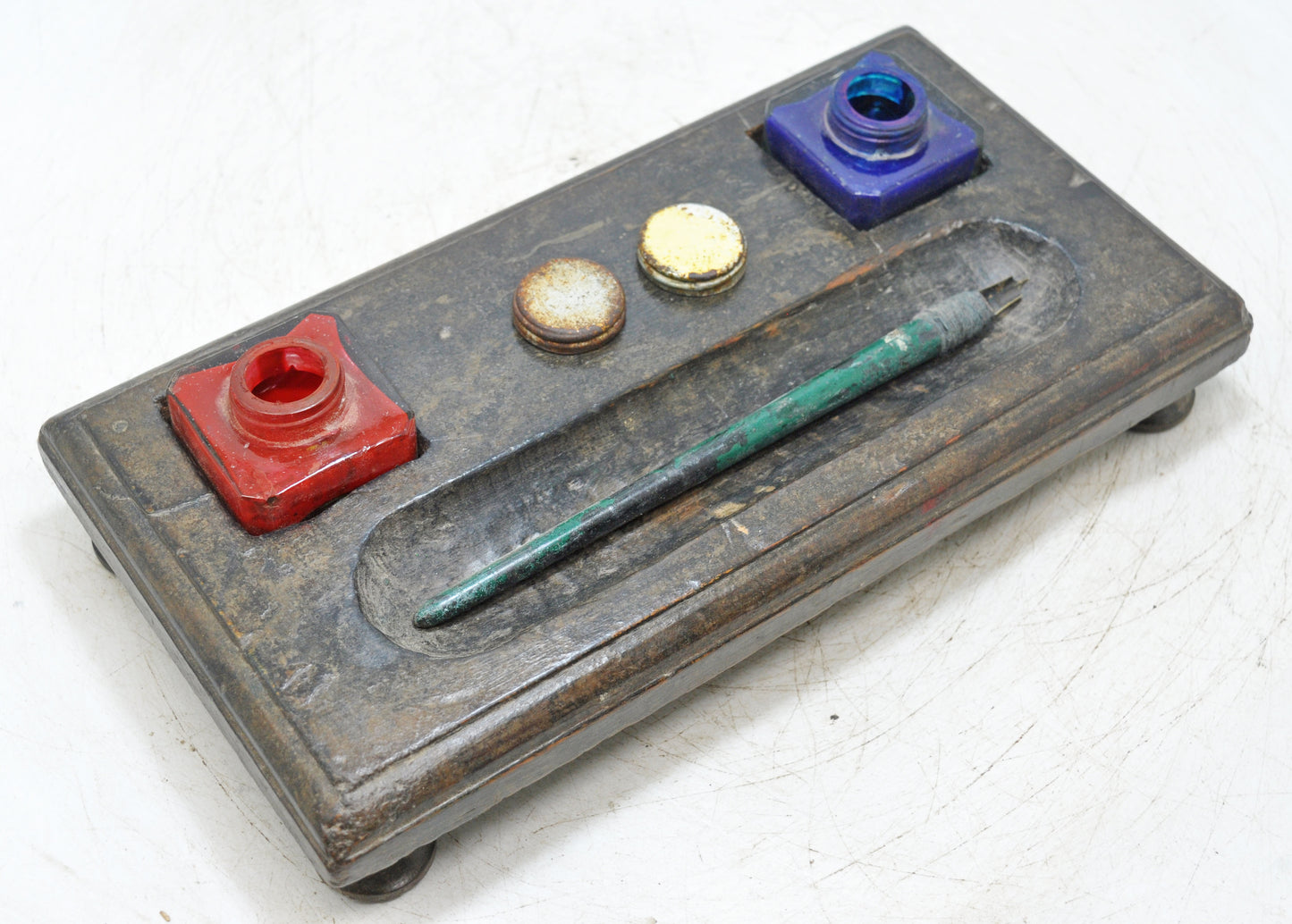 Antique Wooden Pen and Glass Ink Pots Stand Original Old Hand Crafted